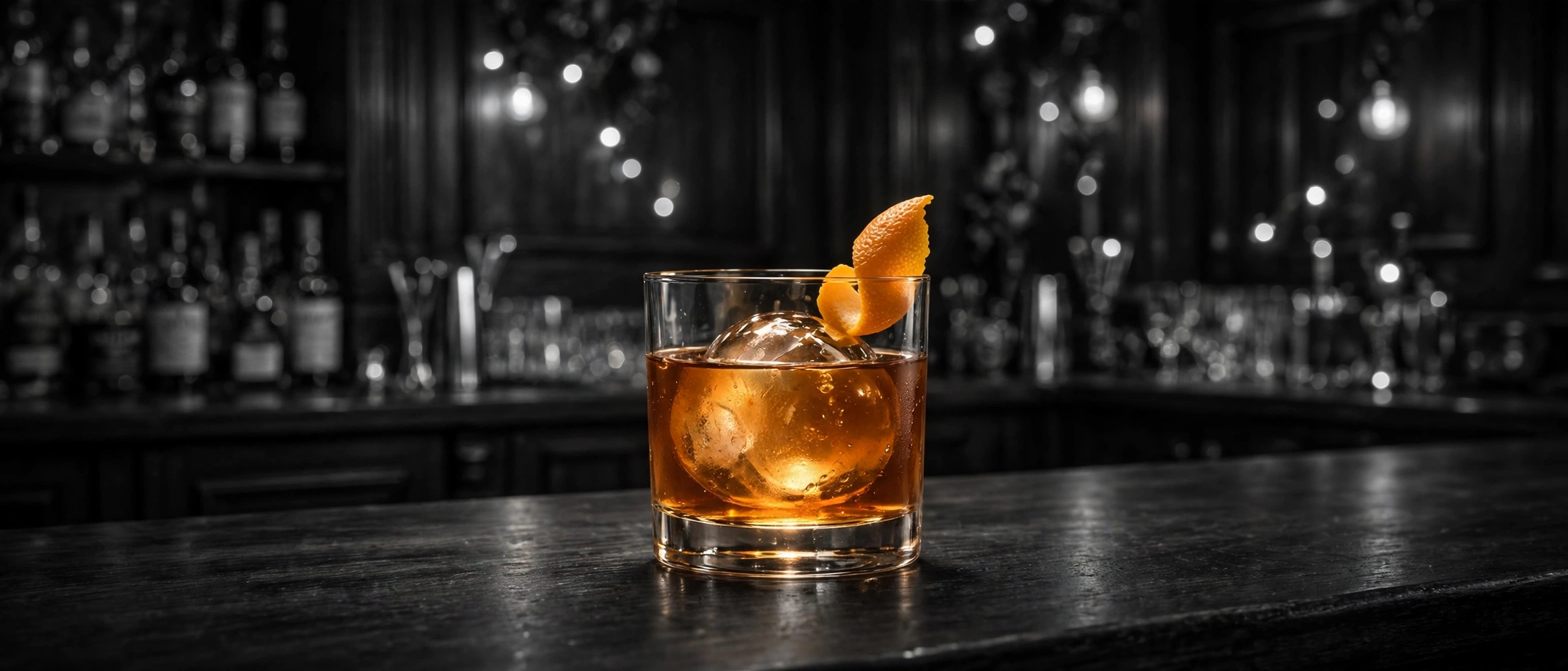 An Old Fashioned glowing amber against a black and white bar